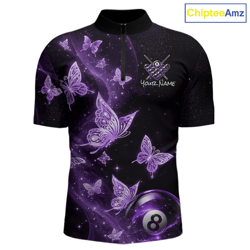 Custom Purlple Butterfly Galaxy 8 Ball Billiard Shirt for Men Billiard Team Jersey Billiard League NNT192
