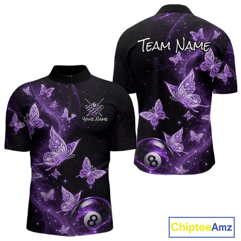 Custom Purlple Butterfly Galaxy 8 Ball Billiard Shirt for Men Billiard Team Jersey Billiard League NNT192