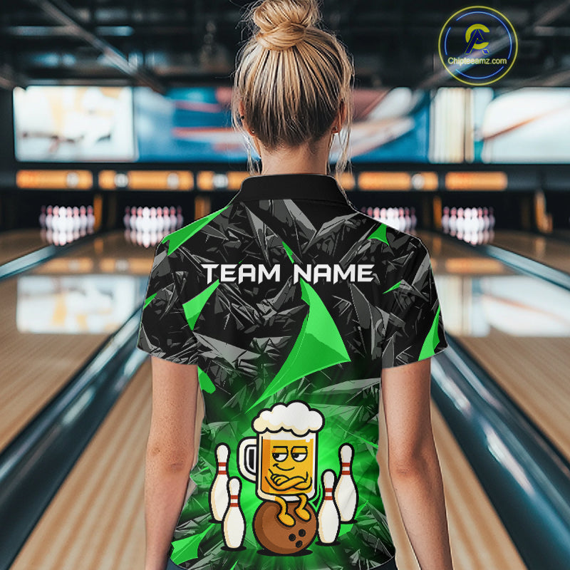 Custom Green Funny Beer Bowling Jersey for Women Bowling Team Shirts Polo & 1/4 Zip HNT503