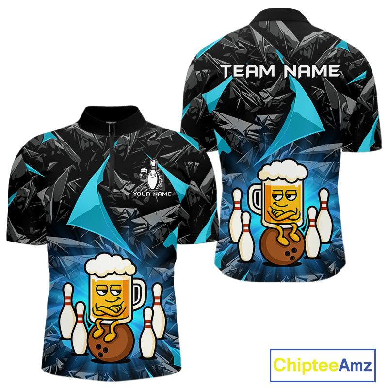 Custom Turquoise Funny Beer Bowling Jersey for Men Bowling Team Shirts Polo & 1/4 Zip HNT503