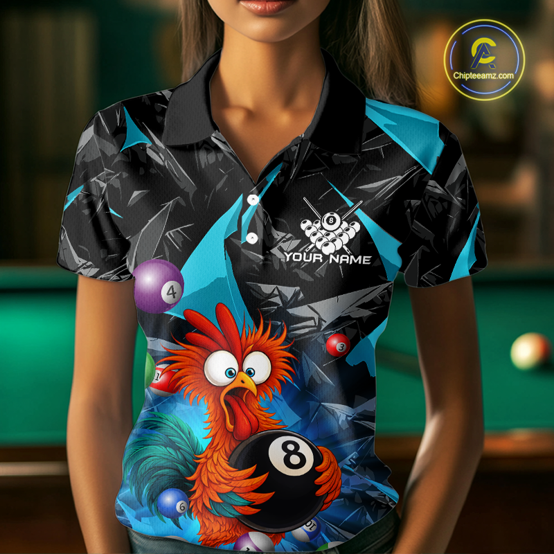 Custom Turquoise Funny Chicken 8 Ball & 9 Ball Billiard Shirt for Women Billiard Team Jerseys NNT190