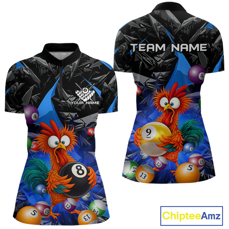 Custom Blue Funny Chicken 8 Ball & 9 Ball Billiard Shirt for Women Billiard Team Jerseys NNT190