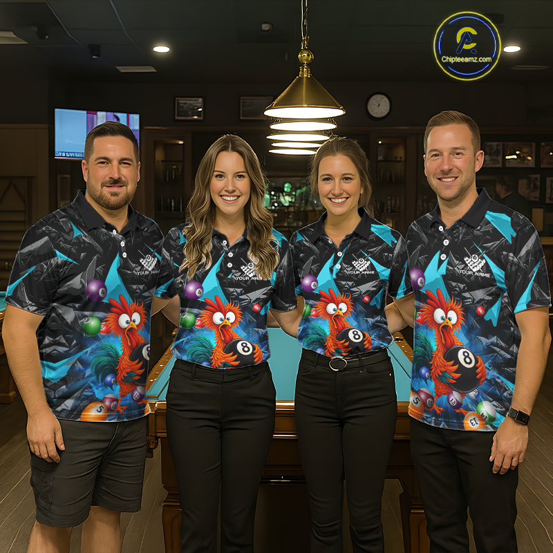 Custom Turquoise Funny Chicken 8 Ball & 9 Ball Billiard Shirt for Men Billiard Team Jerseys NNT190