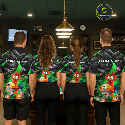 Custom Green Funny Chicken 8 Ball & 9 Ball Billiard Shirt for Men Billiard Team Jerseys NNT190