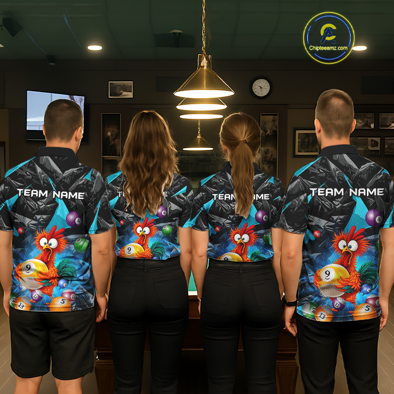Custom Turquoise Funny Chicken 8 Ball & 9 Ball Billiard Shirt for Women Billiard Team Jerseys NNT190
