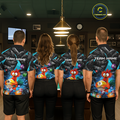 Custom Turquoise Funny Chicken 8 Ball & 9 Ball Billiard Shirt for Women Billiard Team Jerseys NNT190
