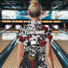 Load image into Gallery viewer, Person wearing a colorful shirt with a skull design in a bowling alley.