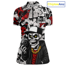 Load image into Gallery viewer, Bowling quarter zip with a skull design holding a phone, featuring red, black, and white colors, with 'ChipteeAmz' branding.