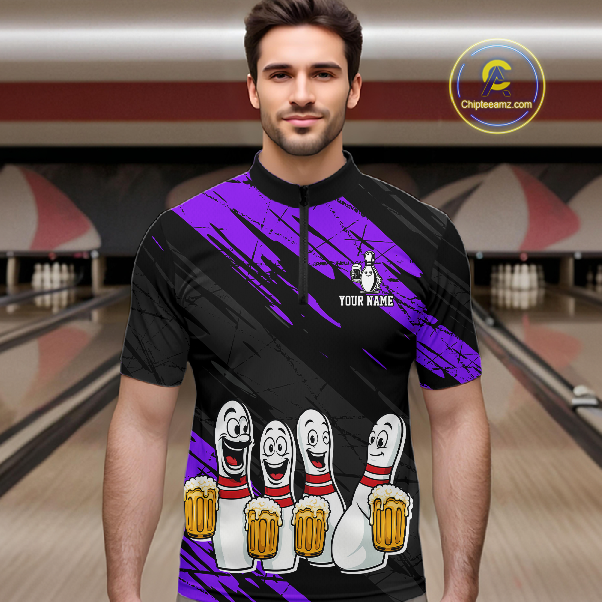 Custom Purple Funny Bowling Tournament Jersey for Men Bowling Team Shirts Polo & 1/4 Zip HNT178