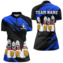 Load image into Gallery viewer, Custom Blue Funny Bowling Tournament Jersey for Women Bowling Team Shirts Polo &amp; 1/4 Zip HNT178