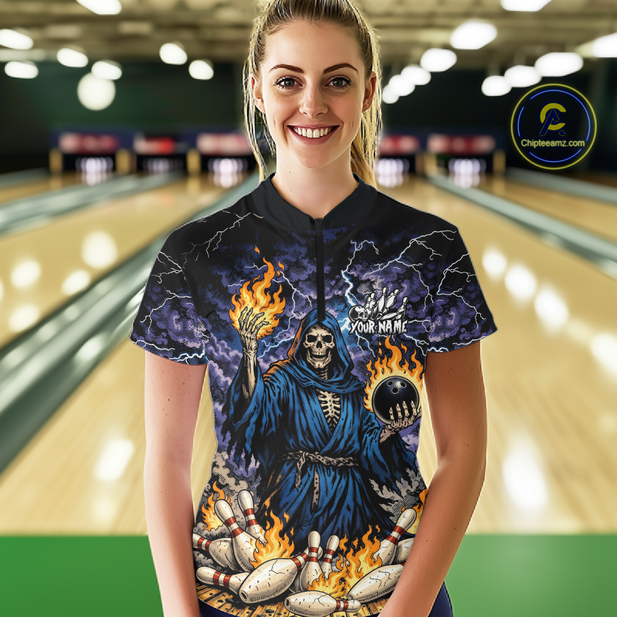 Custom Flame Grim Reaper Bowling Jersey for Women Polo & 1/4 Zip Bowling Team Shirts HNT222