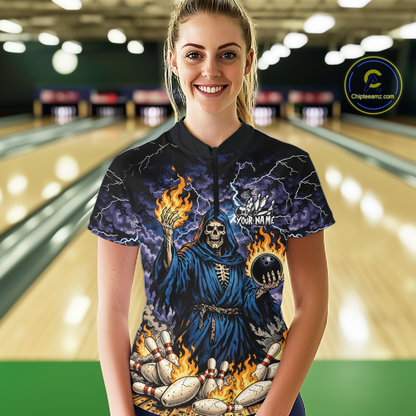 Custom Flame Grim Reaper Bowling Jersey for Women Polo & 1/4 Zip Bowling Team Shirts HNT222