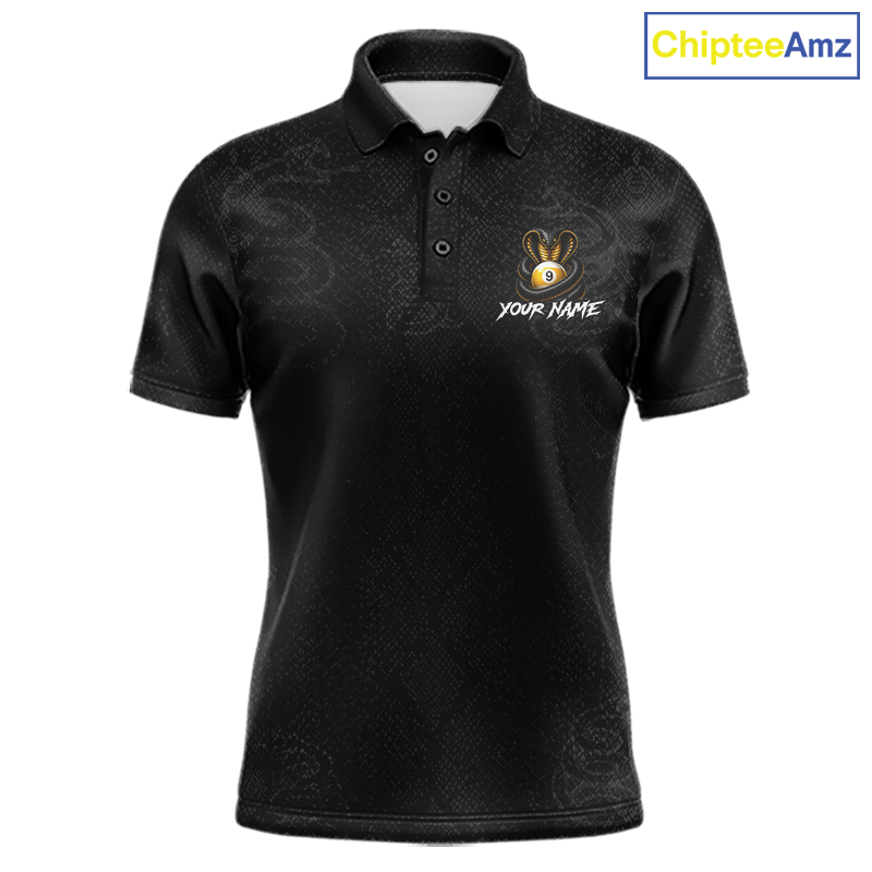 A black short-sleeve polo shirt with a subtle tonal pattern, featuring a custom bee logo and 'YOUR NAME' placeholder text on the left chest. The shirt is displayed on a clean white background with a 'ChipteeAmz' logo in the top right corner.