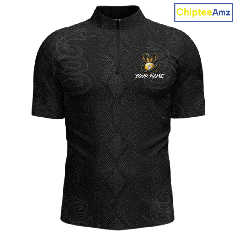 A black short-sleeve quarter-zip athletic shirt with a subtle snakeskin pattern, featuring a custom rabbit logo and 'YOUR NAME' text on the left chest. The ChipteeAmz logo is visible in the top right corner.
