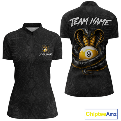 Black short-sleeve polo shirt shown from the front and back. The front features a subtle snakeskin pattern, a small bunny logo with customizable text on the left chest, and a white 'TEAM NAME' graphic on the back above a large gold and black snake wrapping around a yellow billiard ball with the number 9.