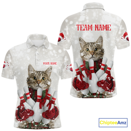 Custom Funny Cat Christmas Bowling Jersey for Men Polo & 1/4 Zip Bowling Team Shirts HNT145