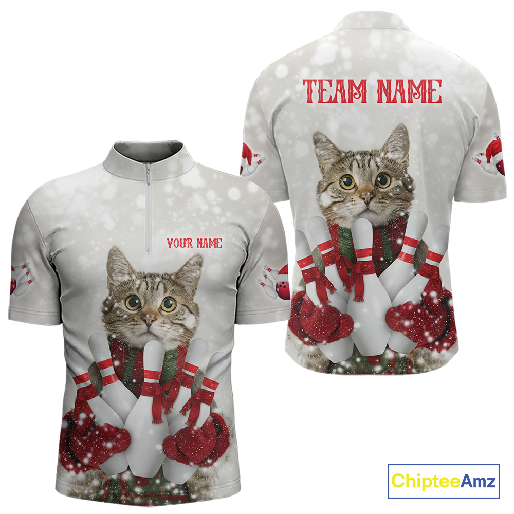 Custom Funny Cat Christmas Bowling Jersey for Men Polo & 1/4 Zip Bowling Team Shirts HNT145