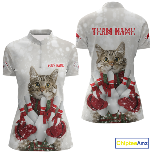 Custom Funny Cat Christmas Bowling Jersey for Women Polo & 1/4 Zip Bowling Team Shirts HNT145