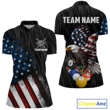 Load image into Gallery viewer, Front and back view personalized billiards quarter zip shirt with an eagle positioned above pool balls while flag artwork flows across the black layout.