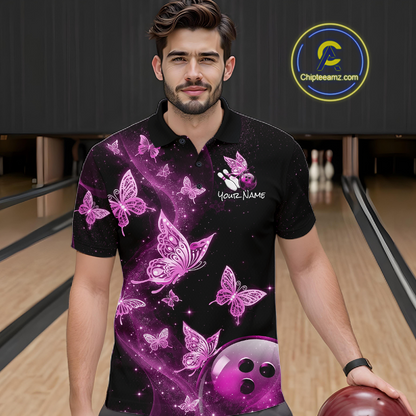 Custom Pink Galaxy Butterflies Bowling Shirt for Men Butterfly Bowling Team Jersey Bowling League HNT277