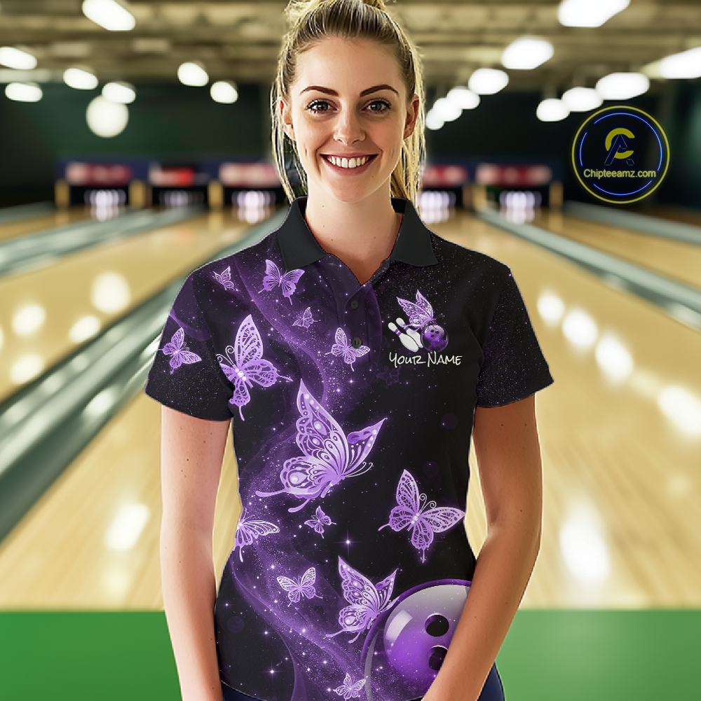 Custom Purple Galaxy Butterflies Bowling Shirt for Women Butterfly Bowling Team Jersey Bowling League HNT277