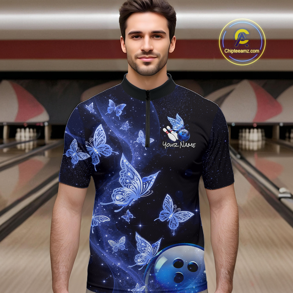 Custom Blue Galaxy Butterflies Bowling Shirt for Men Butterfly Bowling Team Jersey Bowling League HNT277