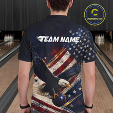 Load image into Gallery viewer, Men’s us flag eagle bowling polo shirt, back view on male model in bowling lane 