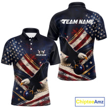 Load image into Gallery viewer, Custom us flag eagle bowling jersey for men, personalized team bowling polo shirt front view and back view.