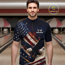 Load image into Gallery viewer, Men’s us flag eagle bowling quarter zip shirt, front view on male model in bowling lane 
