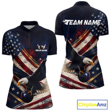 Load image into Gallery viewer, Custom us flag eagle bowling jersey for women, personalized team bowling quarter zip shirt front view and back view.