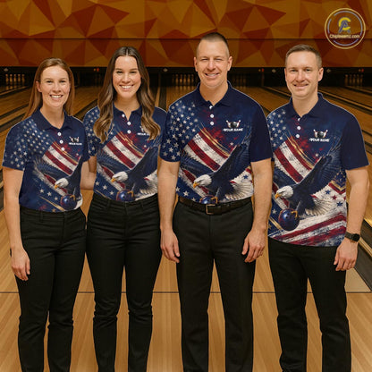 Group of bowlers in us flag eagle team shirts, personalized bowling uniforms front view.