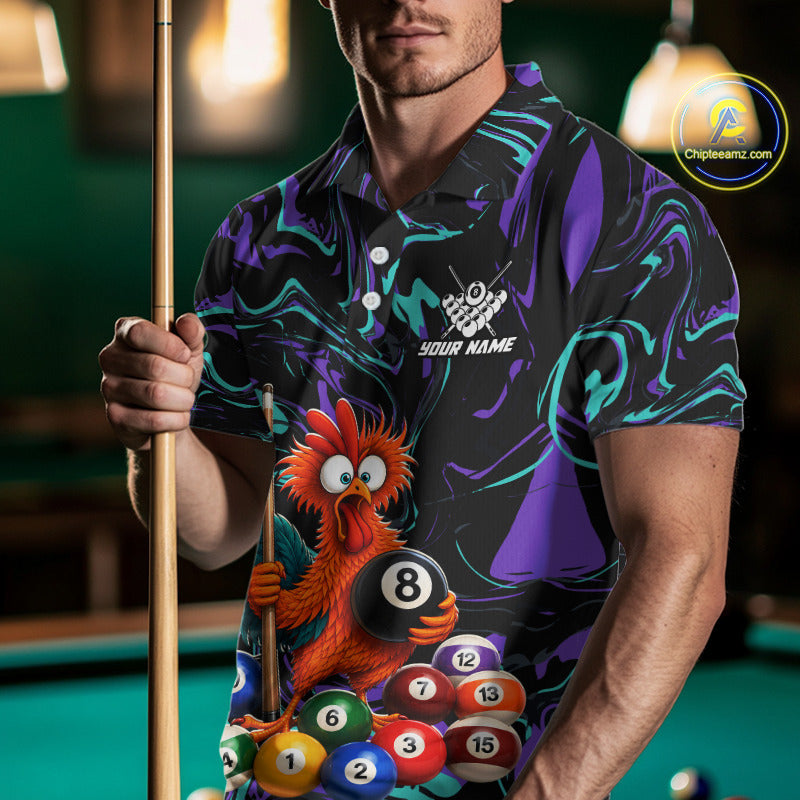 Custom Teal Purple Chicken 8 Ball Billiard Shirt for Men Billiard Jerseys Team Billiard League NNT197