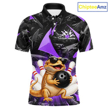 Load image into Gallery viewer, Custom purple bearded dragon bowling jersey for men, personalized team bowling polo shirt front view