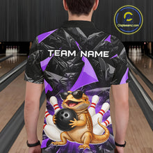 Load image into Gallery viewer, Men’s purple bearded dragon bowling polo shirt, back view on male model in bowling lane 