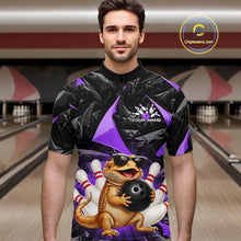Load image into Gallery viewer, Men’s purple bearded dragon bowling quarter zip shirt, front view on male model in bowling lane 