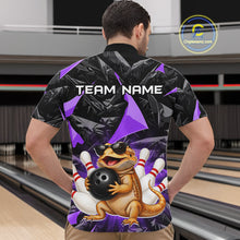 Load image into Gallery viewer, Men’s purple bearded dragon bowling quarter zip shirt, back view on male model in bowling lane 