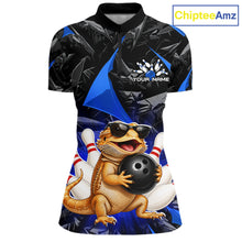 Load image into Gallery viewer, Custom blue bearded dragon bowling jersey for women, personalized team bowling quarter zip shirt front view