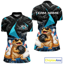 Load image into Gallery viewer, Custom turquoise bearded dragon bowling jersey for women, personalized team bowling quarter zip shirt front view and back view