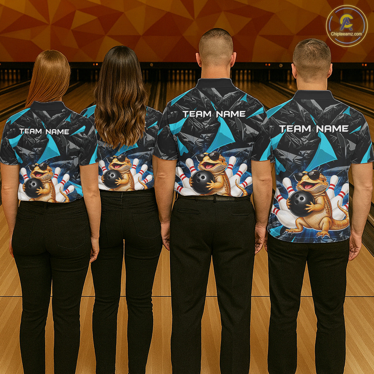 Group of bowlers in turquoise bearded dragon team shirts, personalized bowling uniforms back view.