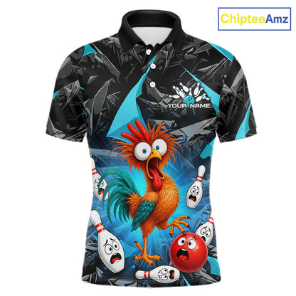 A short-sleeve polo shirt with a black and blue geometric background and a colorful cartoon rooster bowling scene on the front. The shirt includes a placeholder logo area reading 'YOUR NAME' and a visible 'ChipteeAmz' watermark in the top right corner.
