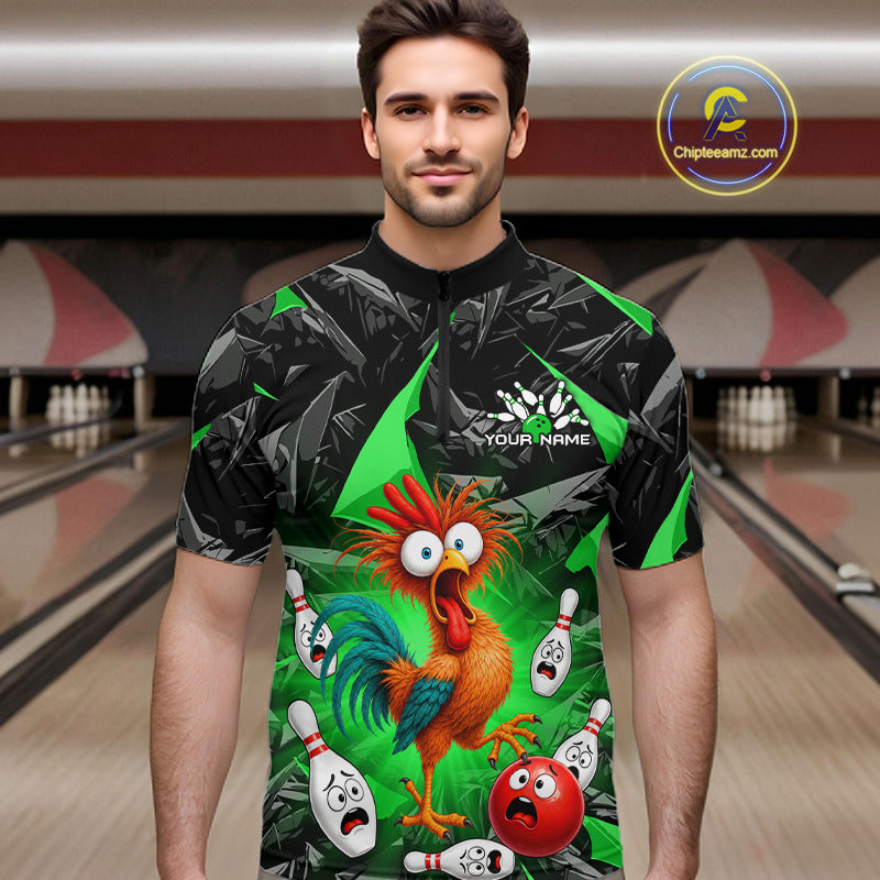 A man wearing a short-sleeve bowling shirt with a colorful cartoon rooster and bowling pins graphic, set against a bowling alley background. A 'Chipeezm.
