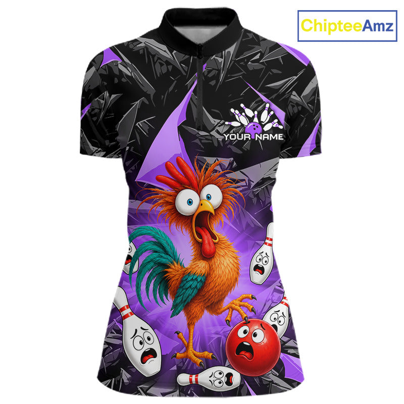 A short-sleeve polo shirt with a vibrant cartoon graphic of a rooster and bowling pins on a purple and black background, featuring a customizable name print on the chest and a ChipteeAmz logo in the top right corner.