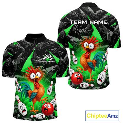 Front and back views of a short-sleeve polo shirt with a vibrant cartoon rooster and bowling pins design on a black and green background. The front features a mock collar, 'YOUR NAME' placeholder text, and bowling pins.