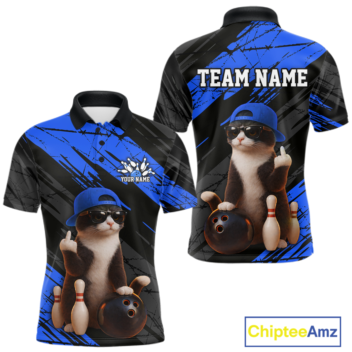 Custom Funny Cat Blue Bowling Jersey for Men Bowling Polo & 1/4 Zip Bowling Team Shirts HNT198