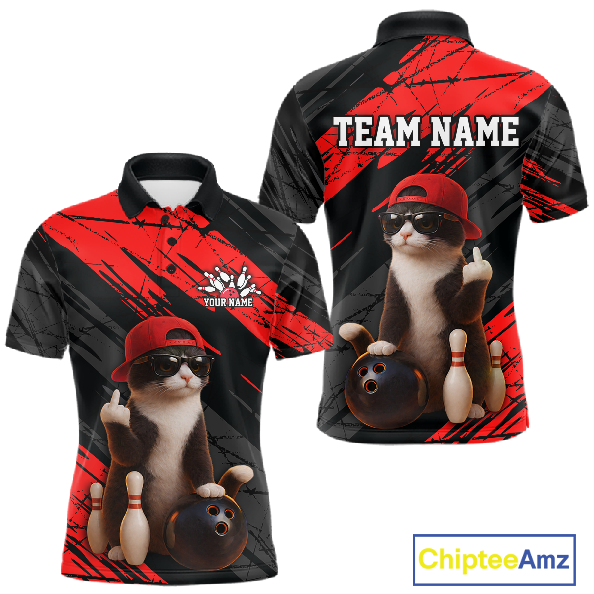 Custom Funny Cat Red Bowling Jersey for Men Bowling Polo & 1/4 Zip Bowling Team Shirts HNT198