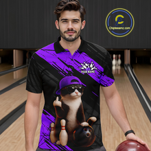 Load image into Gallery viewer, Custom Funny Cat Purple Bowling Jersey for Men Bowling Polo &amp; 1/4 Zip Bowling Team Shirts HNT198
