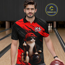 Load image into Gallery viewer, Custom Funny Cat Red Bowling Jersey for Men Bowling Polo &amp; 1/4 Zip Bowling Team Shirts HNT198