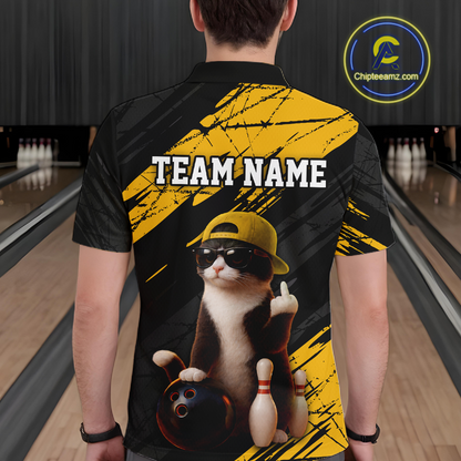 Custom Funny Cat Yellow Bowling Jersey for Men Bowling Polo & 1/4 Zip Bowling Team Shirts HNT198