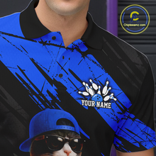 Load image into Gallery viewer, Custom Funny Cat Blue Bowling Jersey for Men Bowling Polo &amp; 1/4 Zip Bowling Team Shirts HNT198