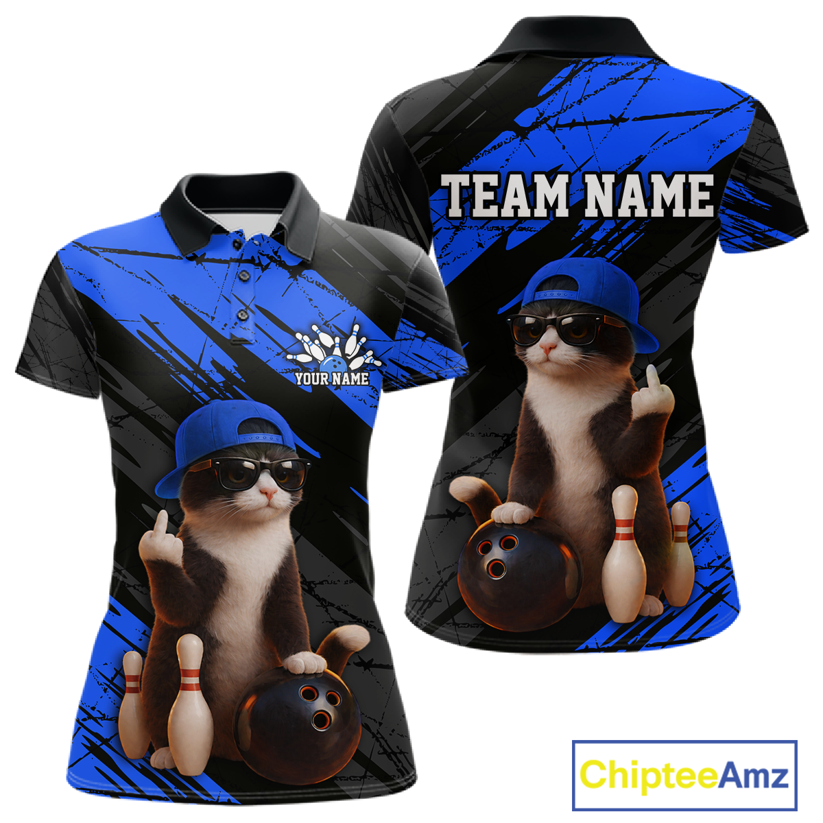 Custom Funny Cat Blue Bowling Jersey for Women Bowling Polo & 1/4 Zip Bowling Team Shirts HNT198
